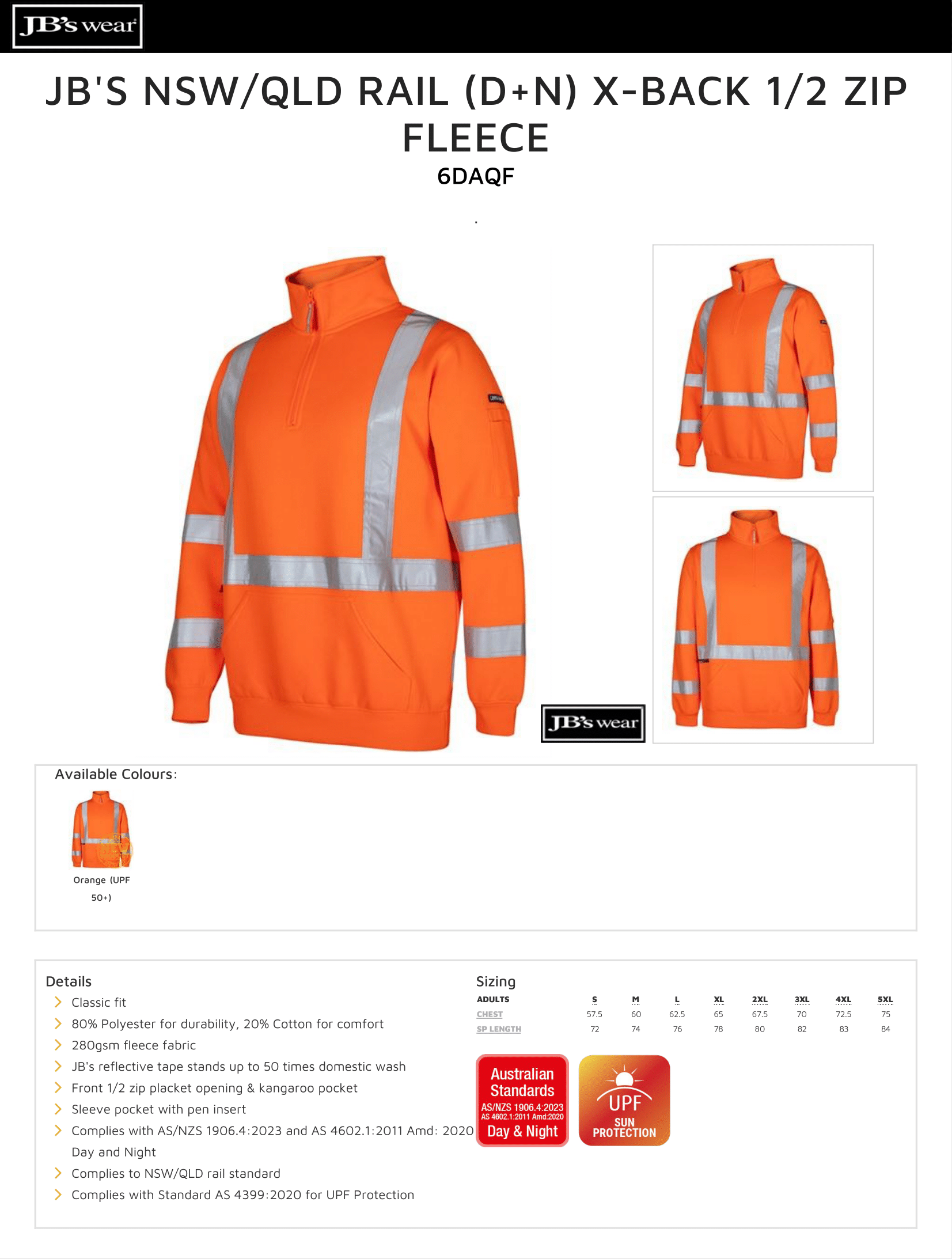 JB's NSW/QLD Rail (D+N) X-Back 1/2 Zip Fleece