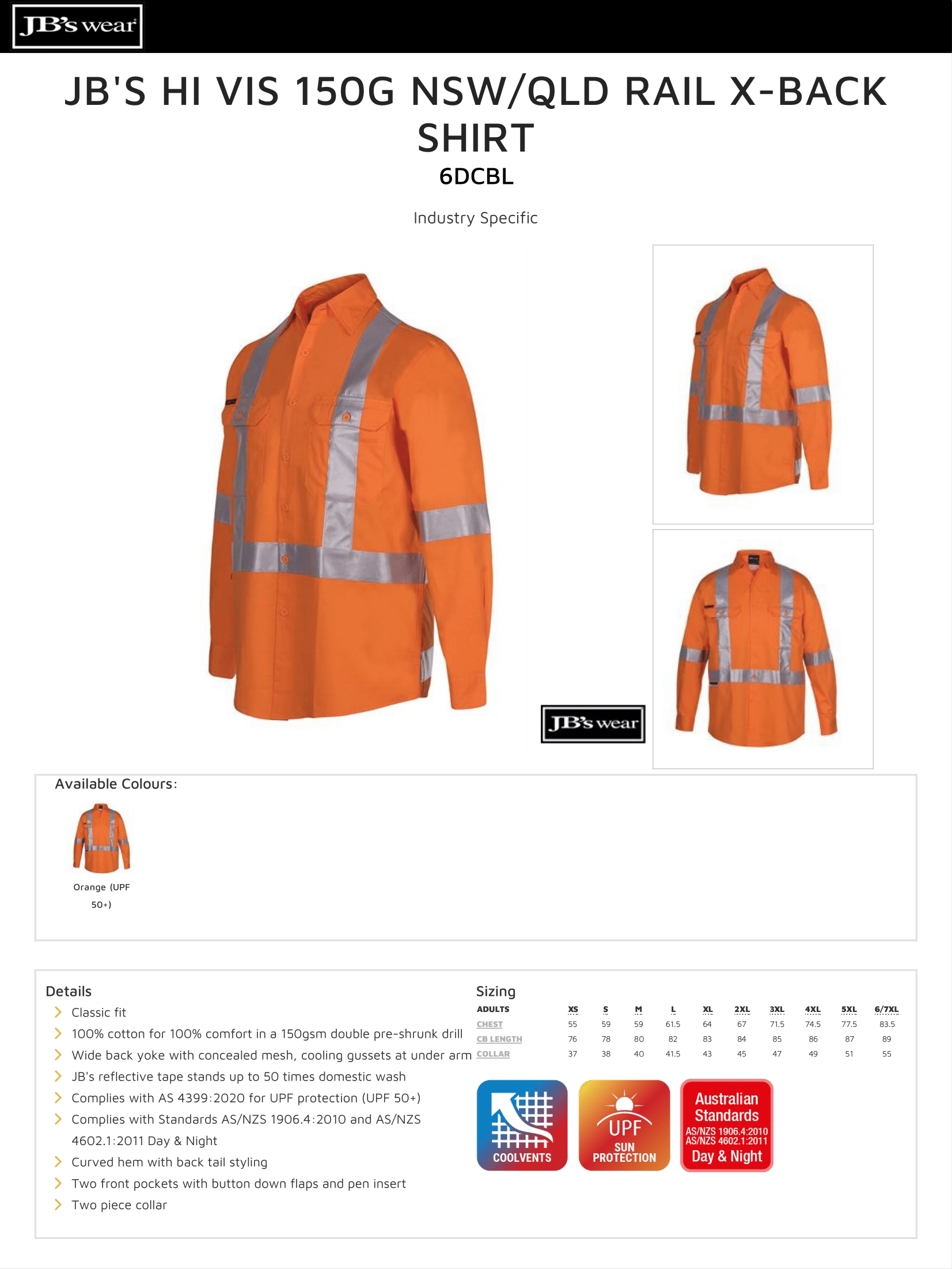 JB's Hi Vis 150g NSW/QLD Rail X-Back Shirt