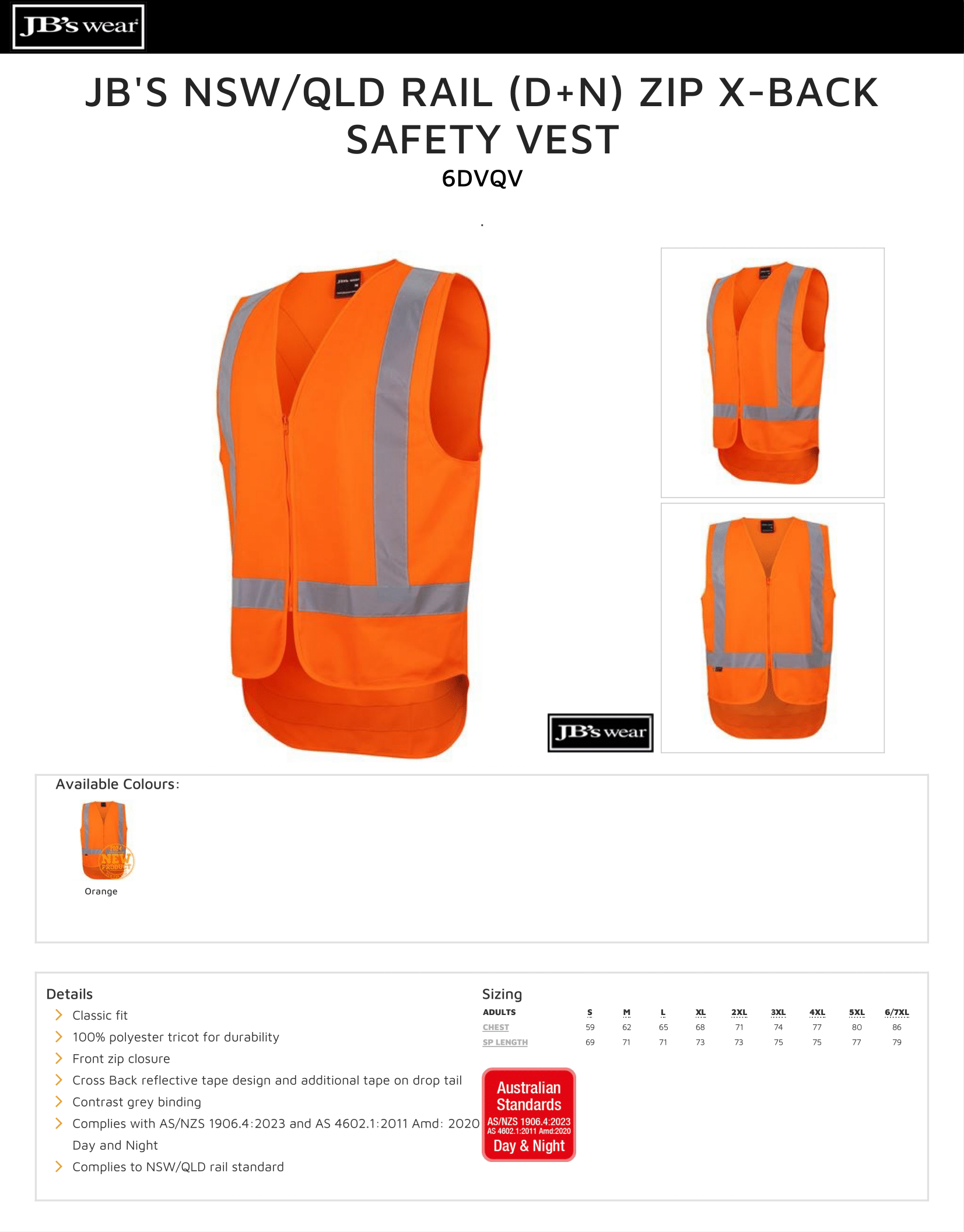 JB's NSW/QLD Rail (D+N) Zip X-Back Safety Vest