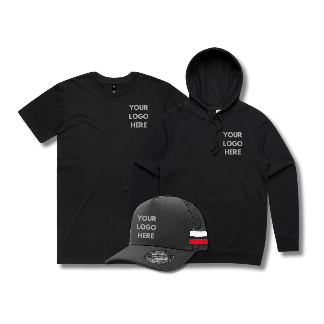$99 Custom Merch Pack – Tee, Hoodie & Trucker Hat with Logo Print