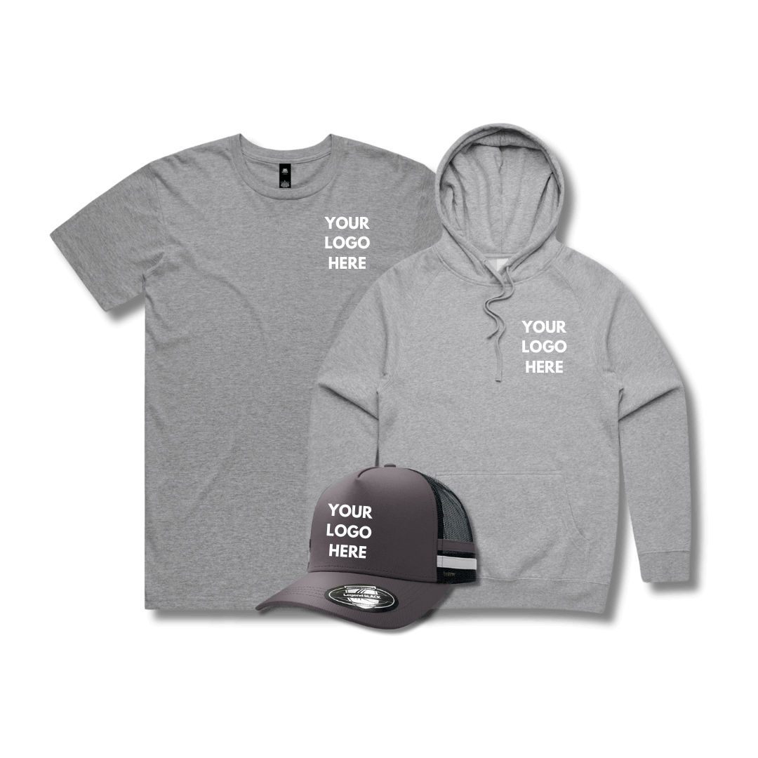 $99 Custom Merch Pack – Tee, Hoodie & Trucker Hat with Logo Print
