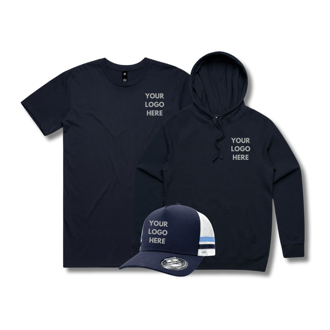 $99 Custom Merch Pack – Tee, Hoodie & Trucker Hat with Logo Print
