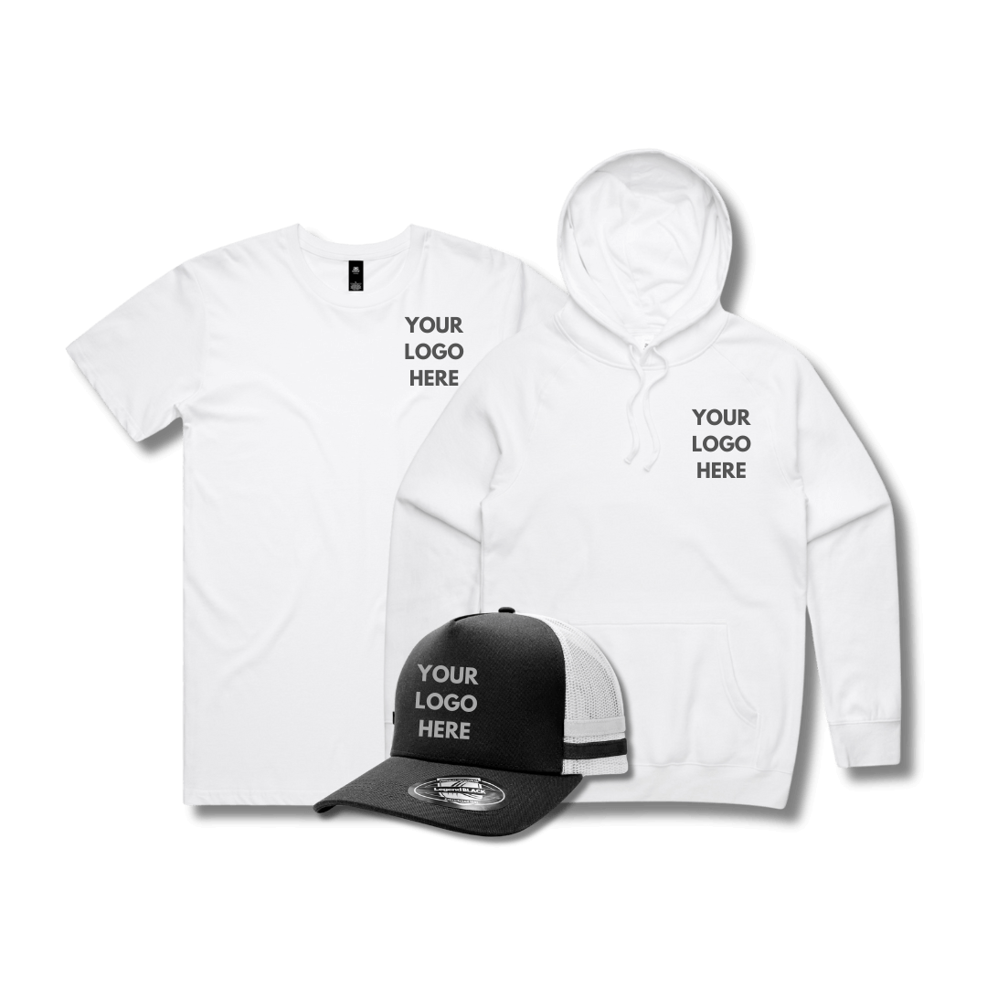 $99 Custom Merch Pack – Tee, Hoodie & Trucker Hat with Logo Print