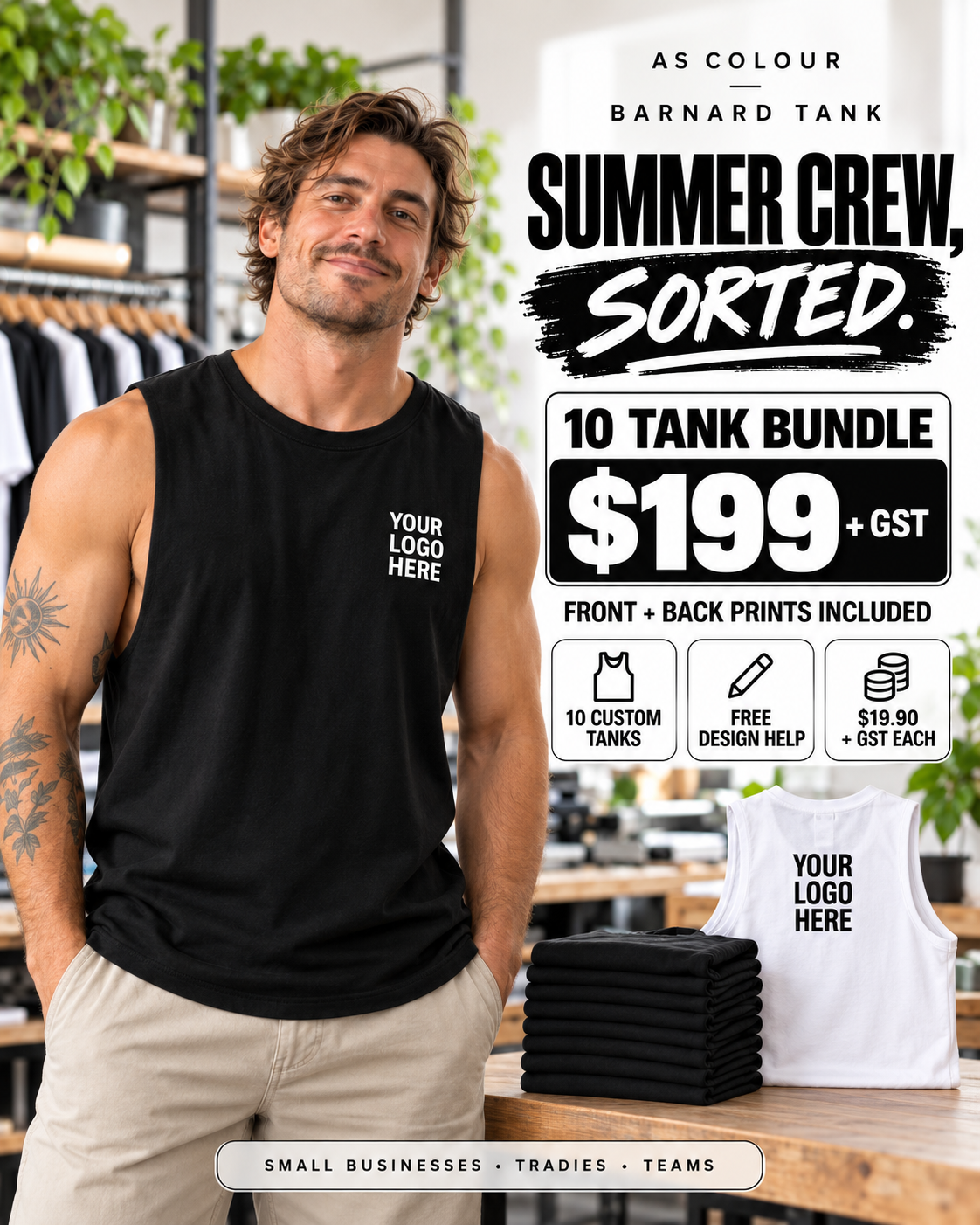 10 Custom Printed AS Colour Barnard Tanks — Front & Back, Full Colour