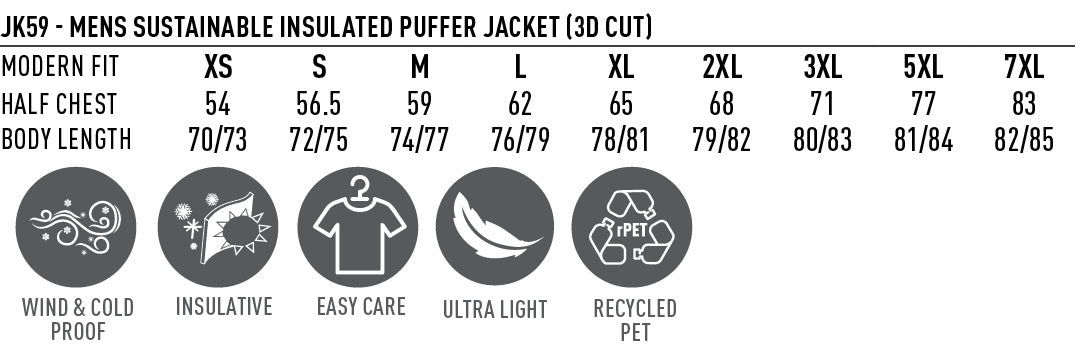 JK59 MENS SUSTAINABLE INSULATED PUFFER JACKET (3D CUT)