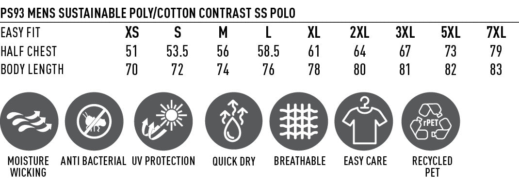 PS93 MENS SUSTAINABLE POLY/COTTON CONTRAST SS POLO