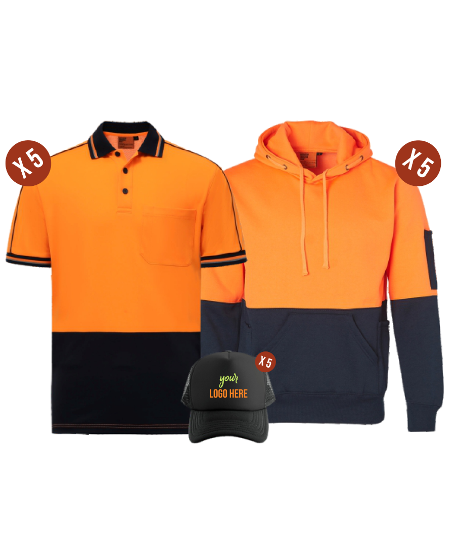 Custom Hi Vis Combo 5 Pack - 5 Polos, 5 Hoodies & 5 Hats