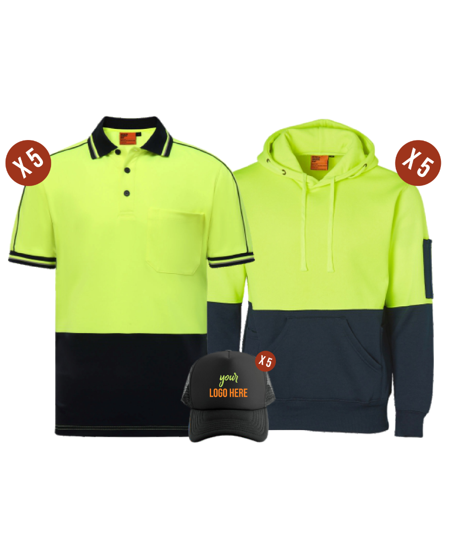 Custom Hi Vis Combo 5 Pack - 5 Polos, 5 Hoodies & 5 Hats